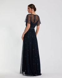 Light Pink V Neck Embellished Flutter Sleeve A Line Gown - Rose