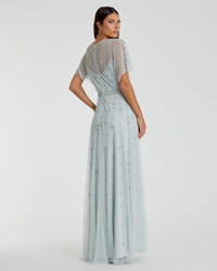 Light Pink V Neck Embellished Flutter Sleeve A Line Gown - Rose