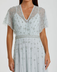Light Pink V Neck Embellished Flutter Sleeve A Line Gown - Rose