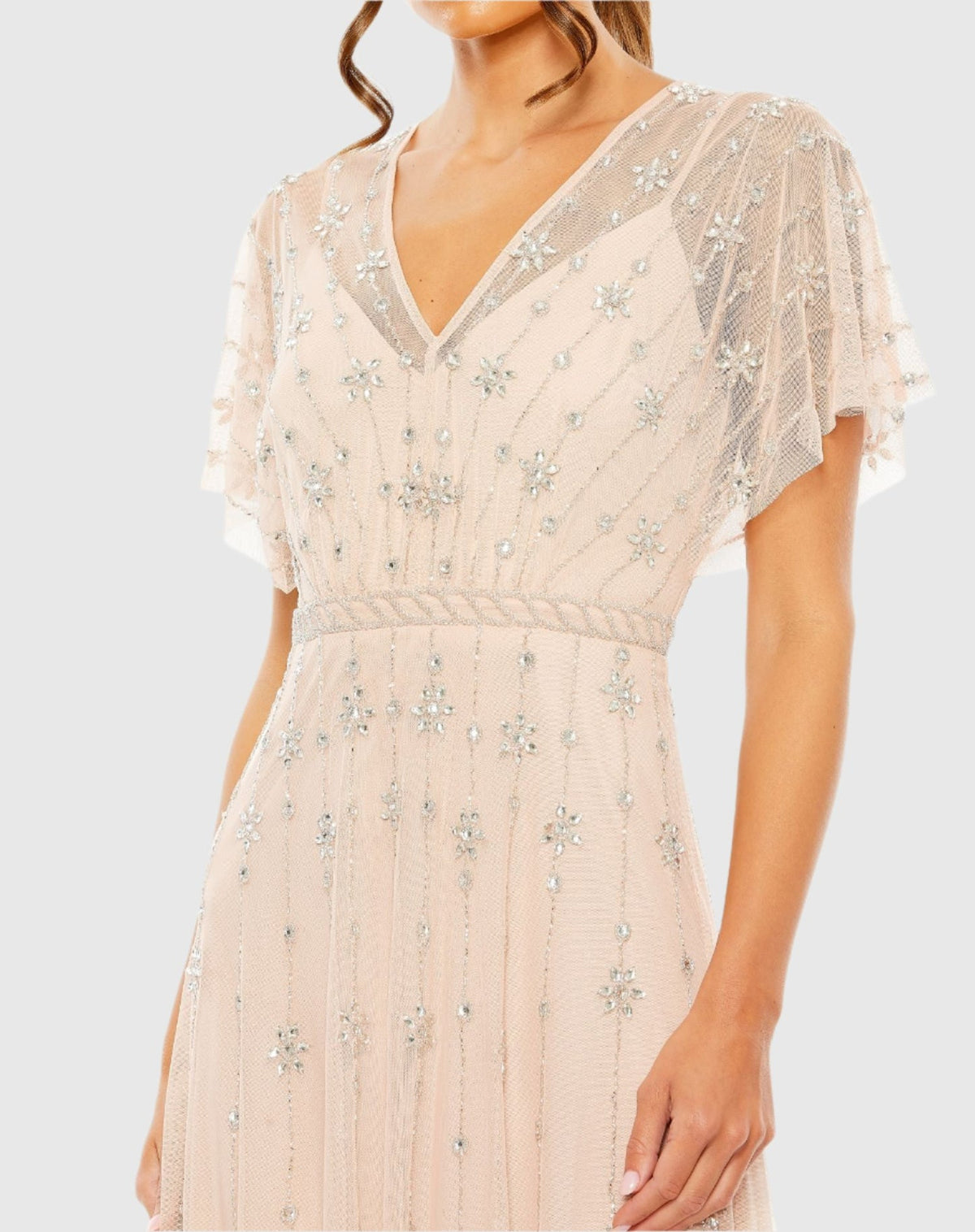 Light Pink V Neck Embellished Flutter Sleeve A Line Gown - Rose