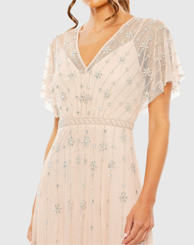 Light Pink V Neck Embellished Flutter Sleeve A Line Gown - Rose
