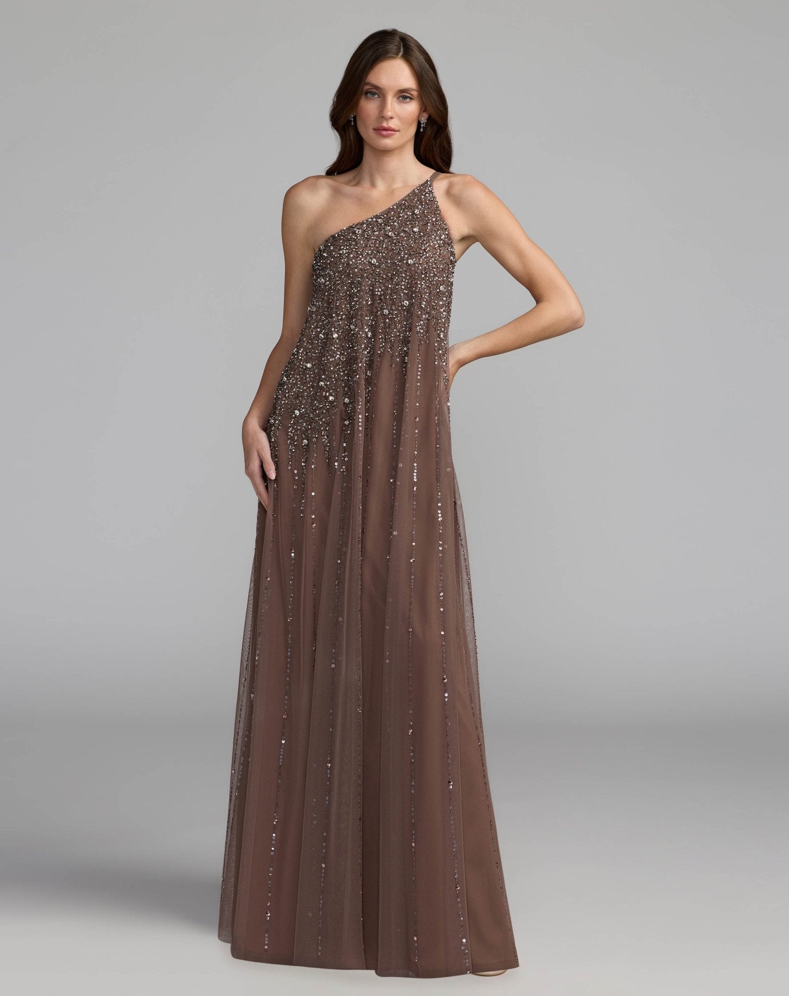 One Shoulder Embellished Trapeze Gown