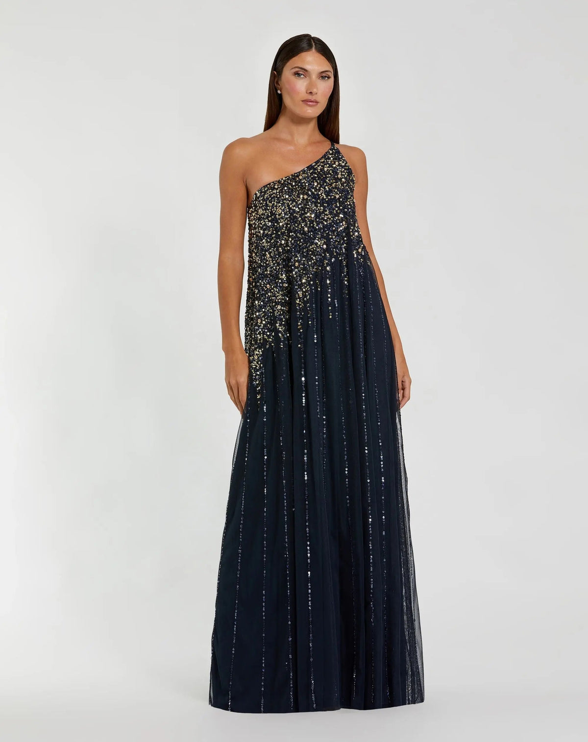 Mac Duggal #9224 Midnight Gold one shoulder embellished trapeze gown