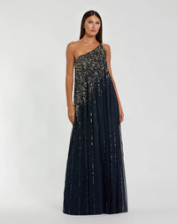 Mac Duggal #9224 Midnight Gold one shoulder embellished trapeze gown