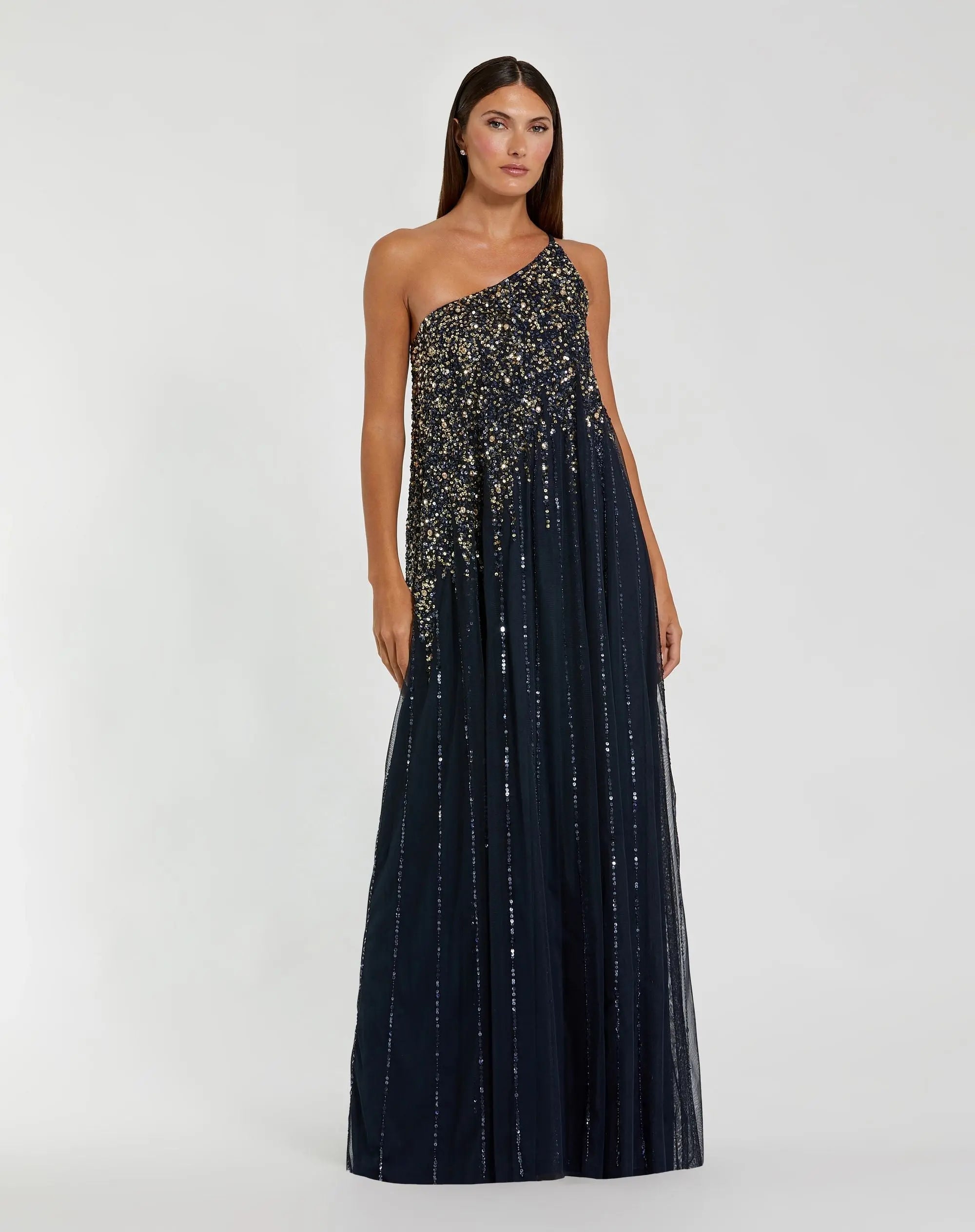Mac Duggal #9224 Midnight Gold one shoulder embellished trapeze gown