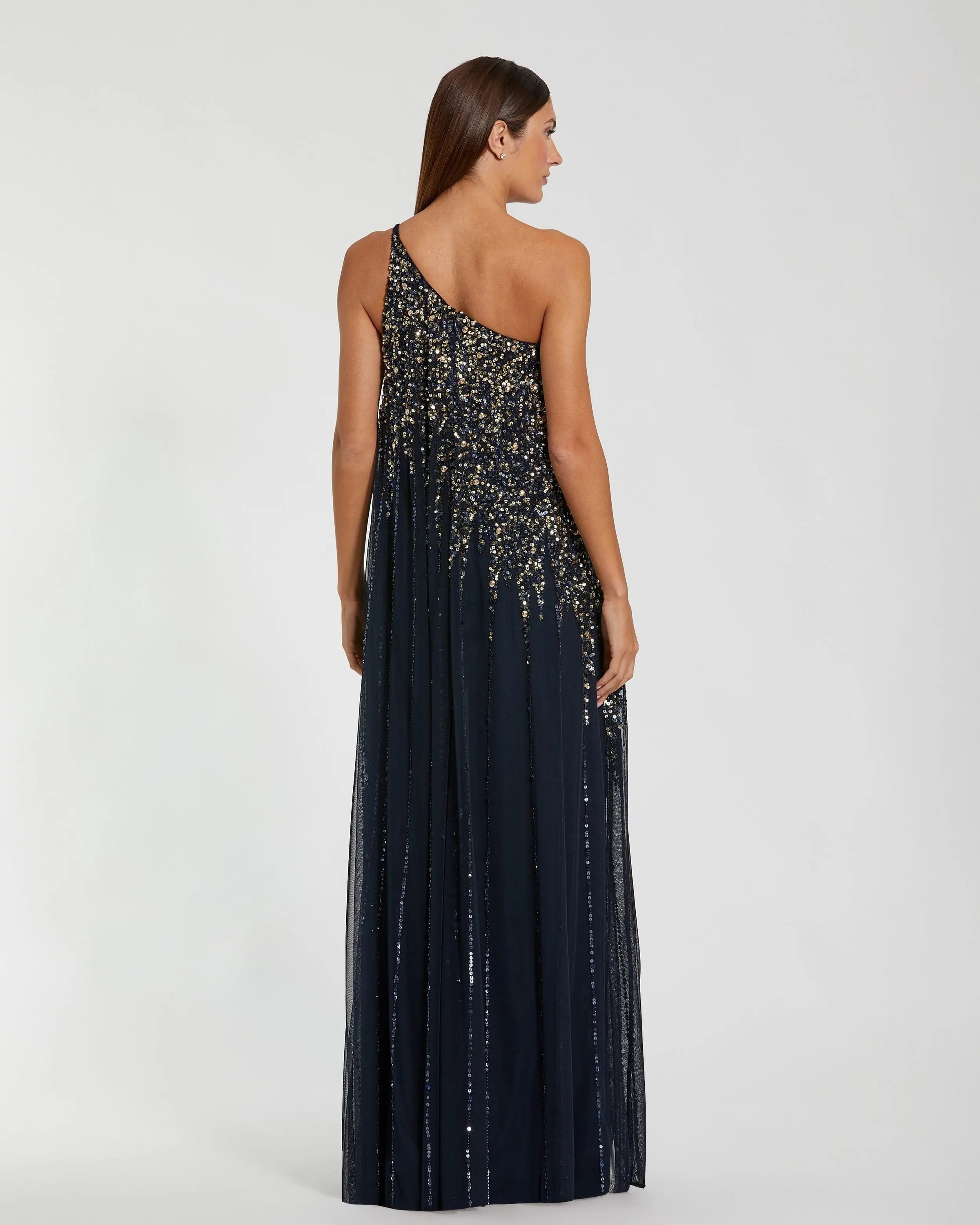 Mac Duggal #9224 Midnight Gold embellished trapeze gown back