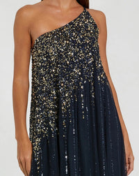 Mac Duggal #9224 Midnight Gold embellished trapeze gown detail