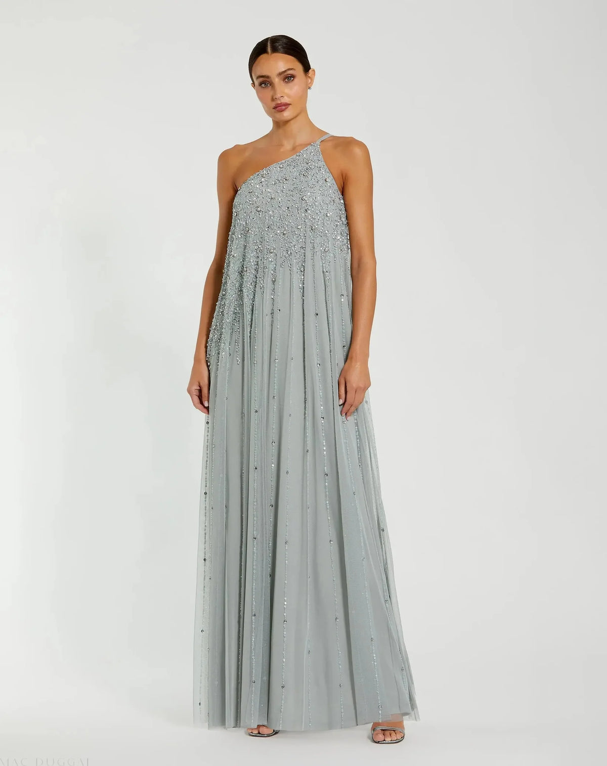 Mac Duggal, One Shoulder Embellished Trapeze A Line Gown #9224 Sage Green