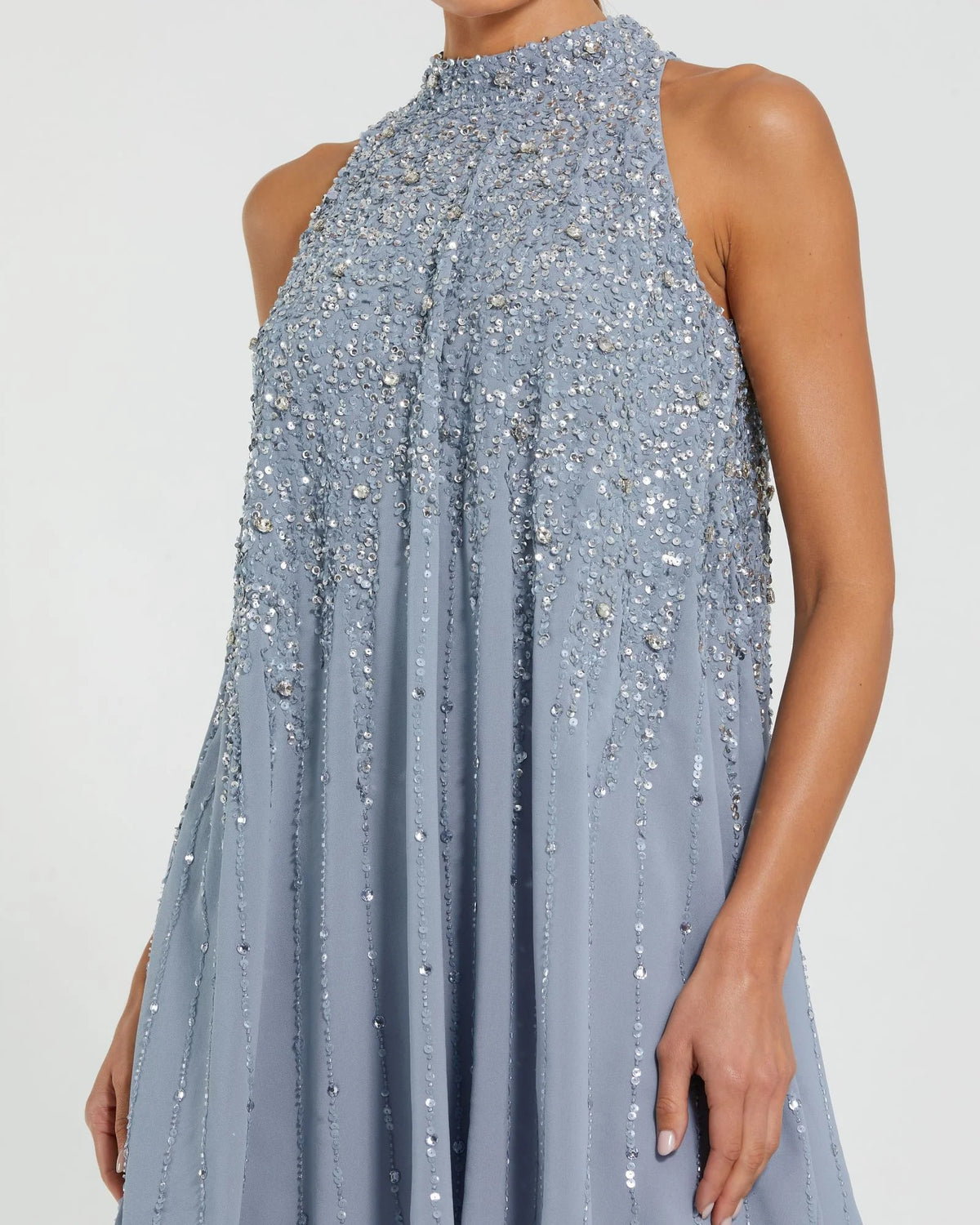 High Neck Sleeveless Sequin Dress - Blue