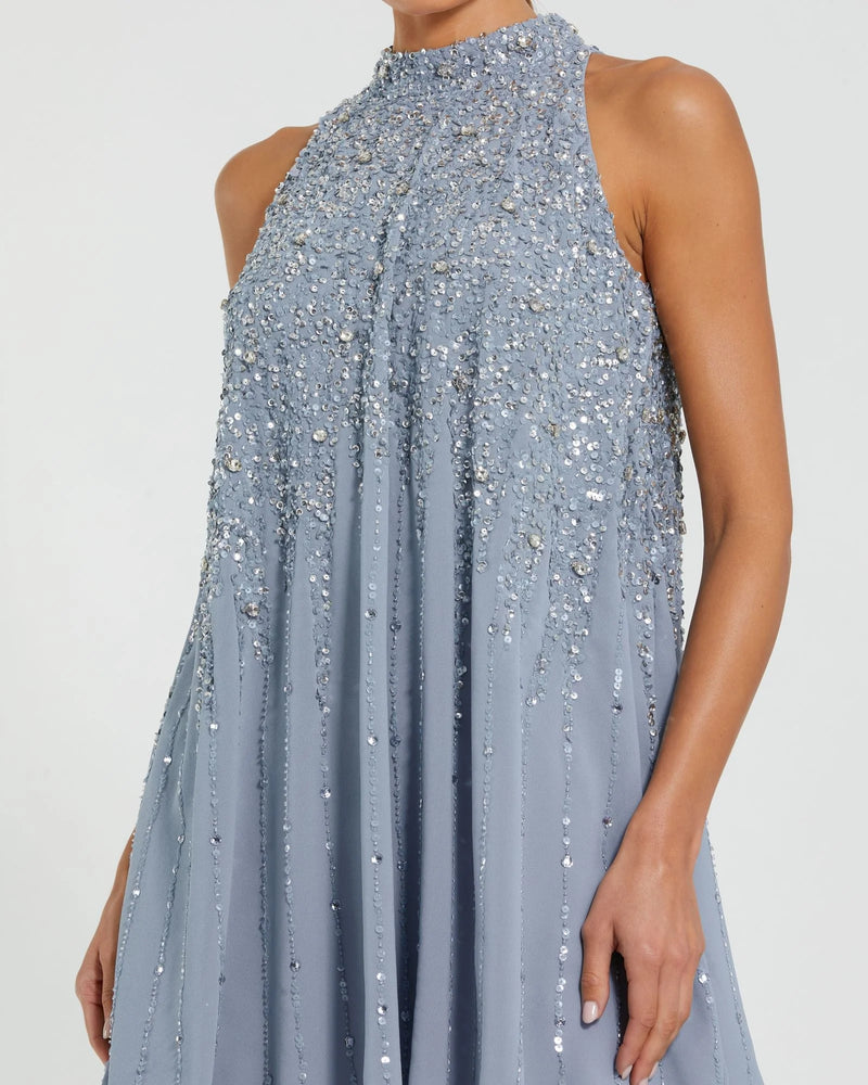 High Neck Sleeveless Sequin Dress - Blue