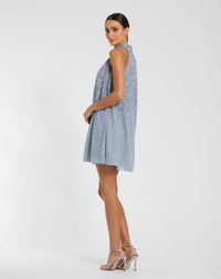 High Neck Sleeveless Sequin Dress - Blue