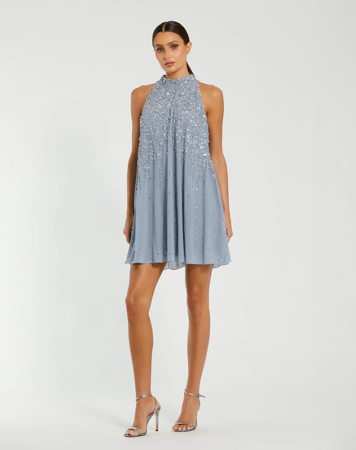 Mac Duggal High Neck Sleeveless Sequin Embellished Trapeze Dress #9225 Powder Blue