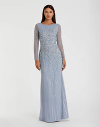 Mac Duggal #9226 powder blue boat neck sequin embellished long sleeve a line gown