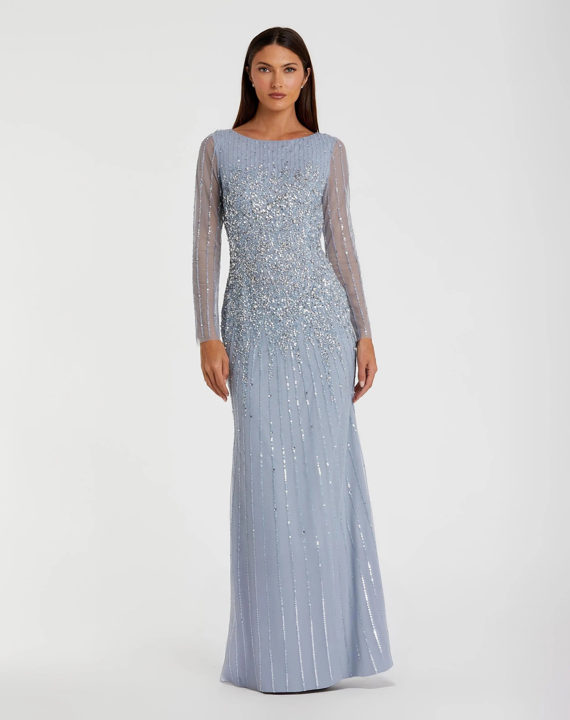 Mac Duggal #9226 powder blue boat neck sequin embellished long sleeve a line gown