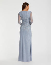Mac Duggal #9226 powder blue boat neck sequin embellished long sleeve a line gown
