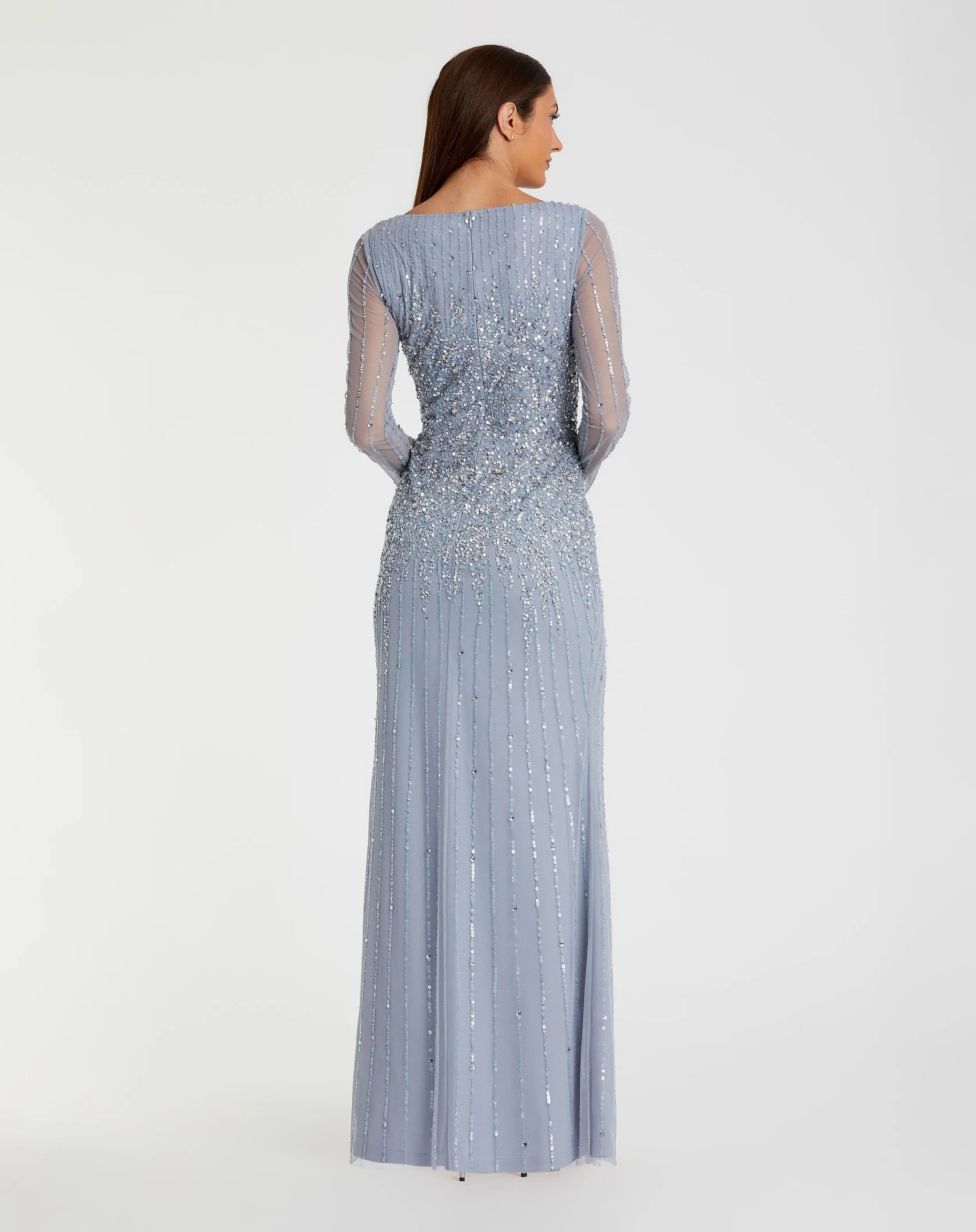 Mac Duggal #9226 powder blue boat neck sequin embellished long sleeve a line gown