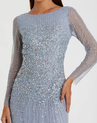 Mac Duggal #9226 powder blue boat neck sequin embellished long sleeve a line gown