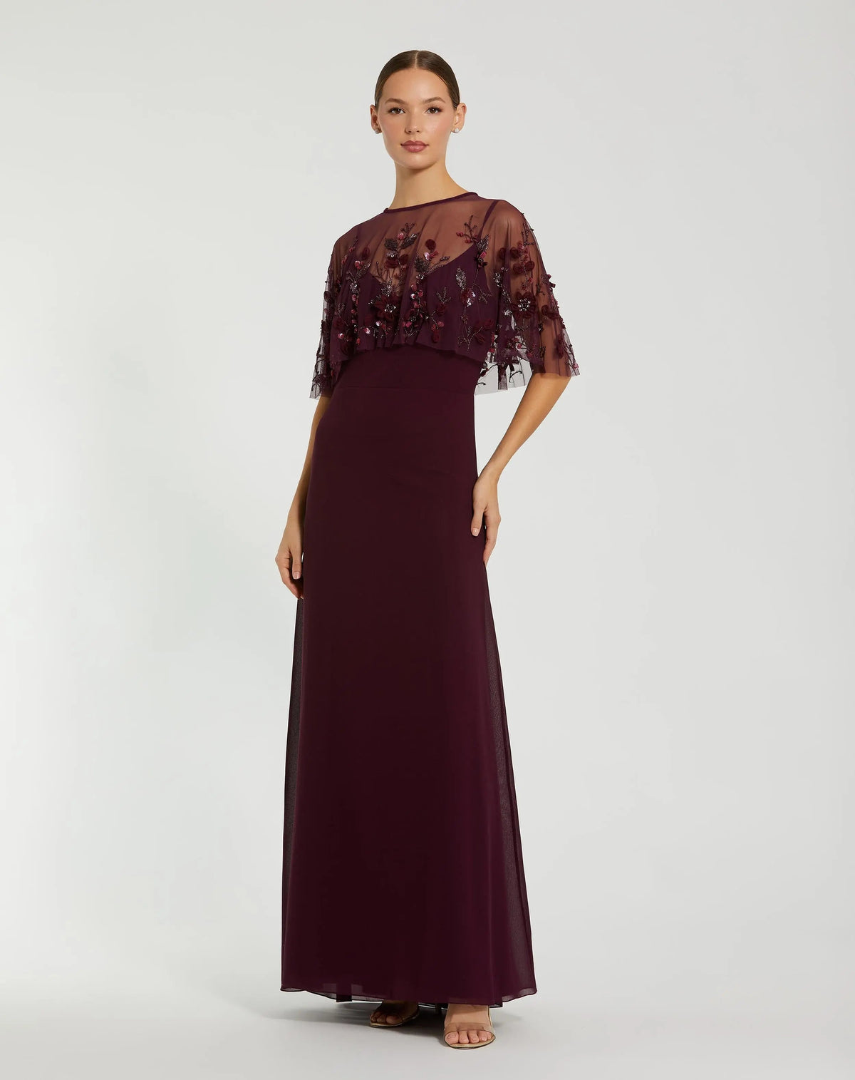 Mac Duggal #9229 plum sleeveless gown with embellished cape