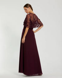 Mac Duggal #9229 plum cape gown back view