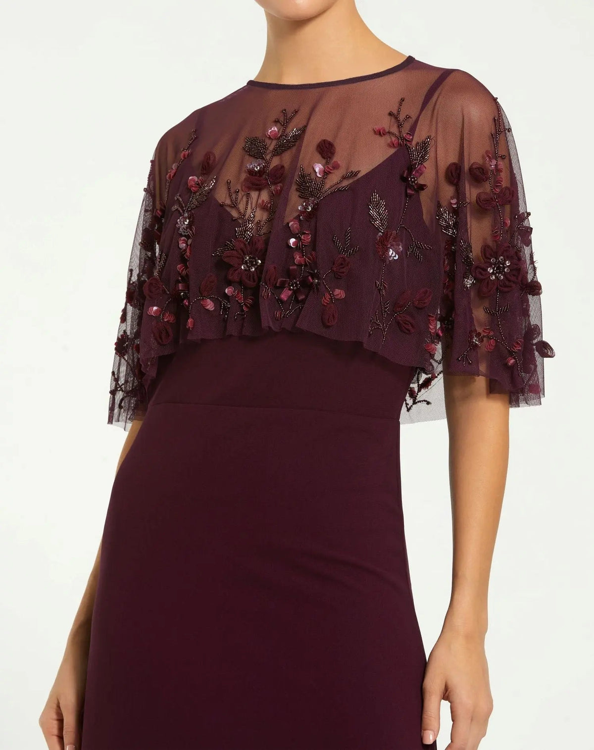 Mac Duggal #9229 plum embroidered cape beading detail
