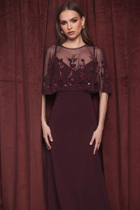 Mac Duggal #9229 plum cape gown lifestyle full length