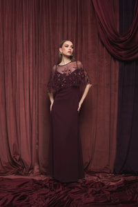 Mac Duggal #9229 plum embellished cape gown lifestyle