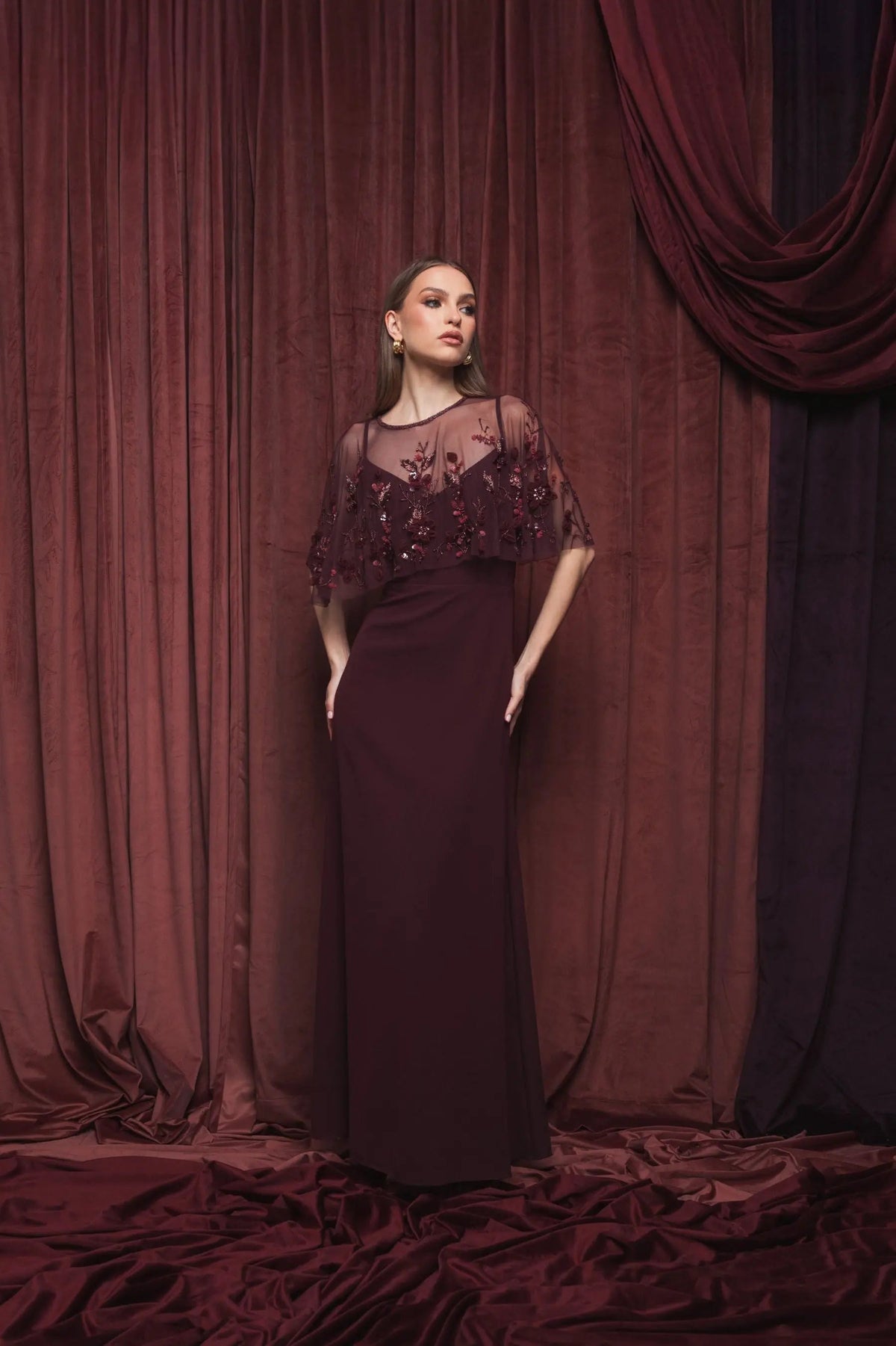 Mac Duggal #9229 plum embellished cape gown lifestyle