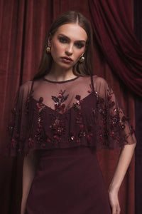 Mac Duggal #9229 plum cape gown lifestyle close up
