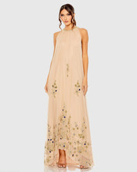 Mac Duggal #9232 Nude Gold high neck floral embellished trapeze gown