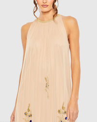 Mac Duggal #9232 Nude Gold high neck floral embellished trapeze gown