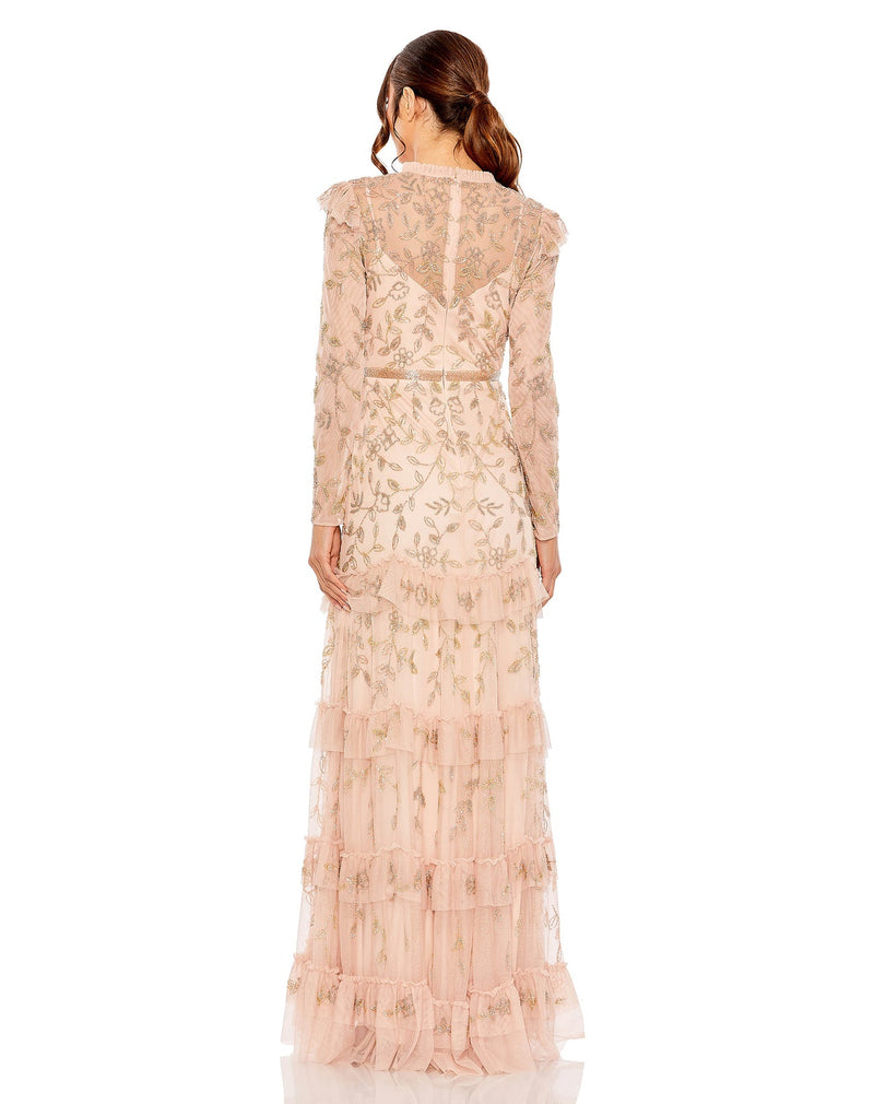 Style #9237 Mac Duggal High neck flutter cap long sleeve tiered embellished gown- blush  back view