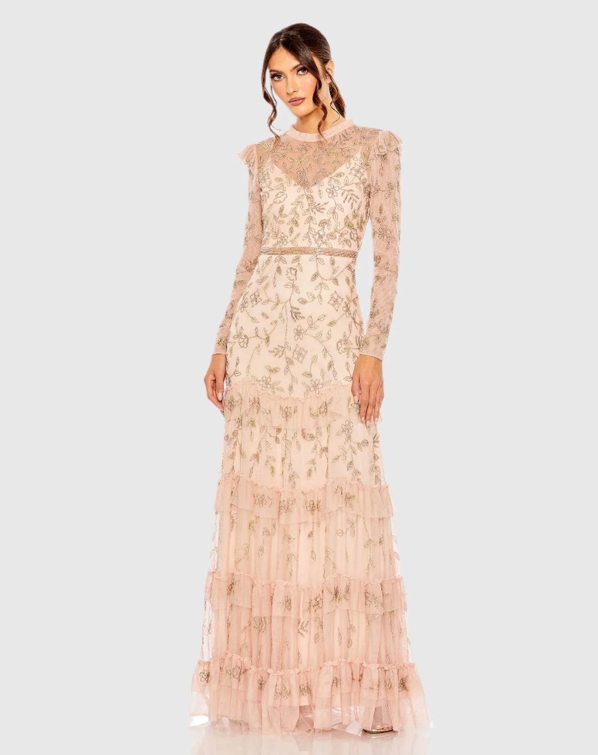 Mac Duggal, High neck flutter cap long sleeve tiered embellished gown #9237 Blush