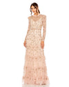 Style #9237 Mac Duggal High neck flutter cap long sleeve tiered embellished gown- blush 