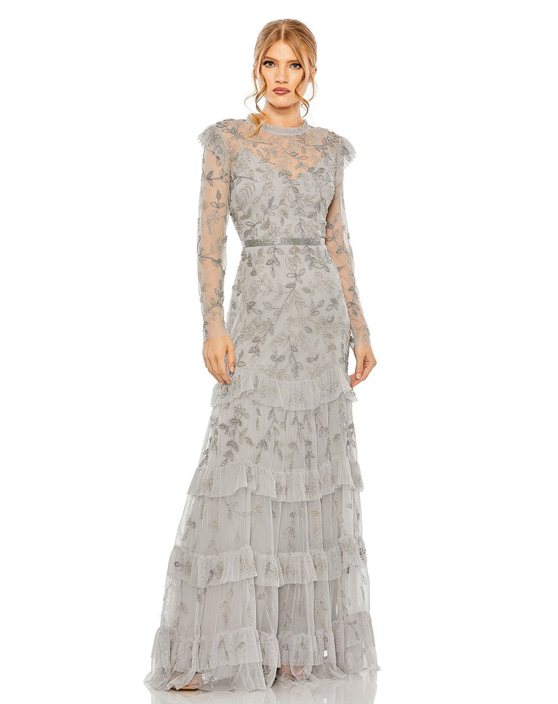Style #9237 Mac Duggal High neck flutter cap long sleeve tiered embellished gown- Silver