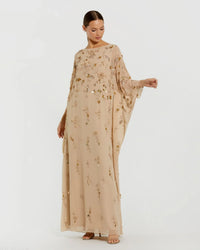 Mac Duggal Beige Floral Embellished Kaftan Gown - Nude Gold #9242