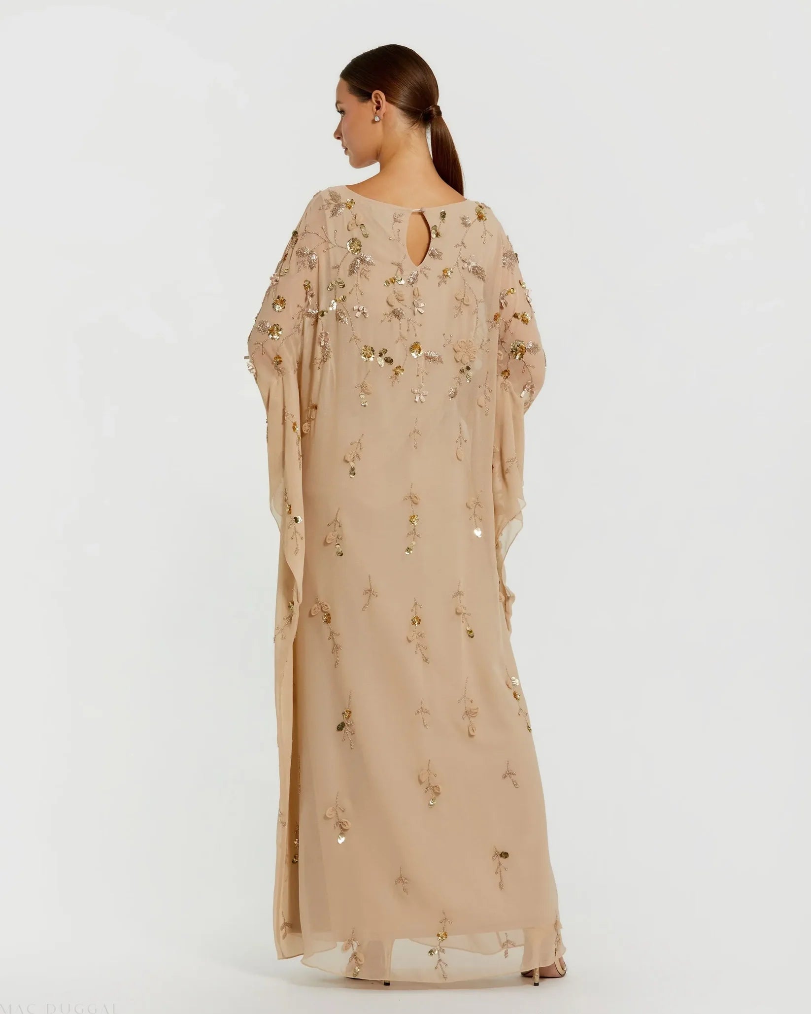 Mac Duggal Beige Floral Embellished Kaftan Gown - Nude Gold #9242