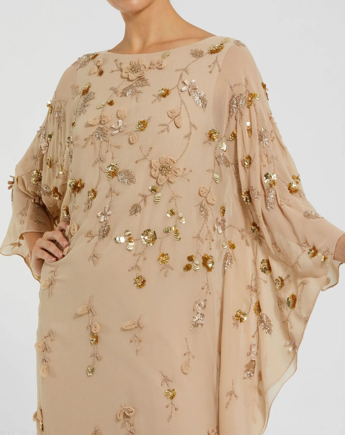 Mac Duggal Beige Floral Embellished Kaftan Gown #9242 Nude Gold #9242
