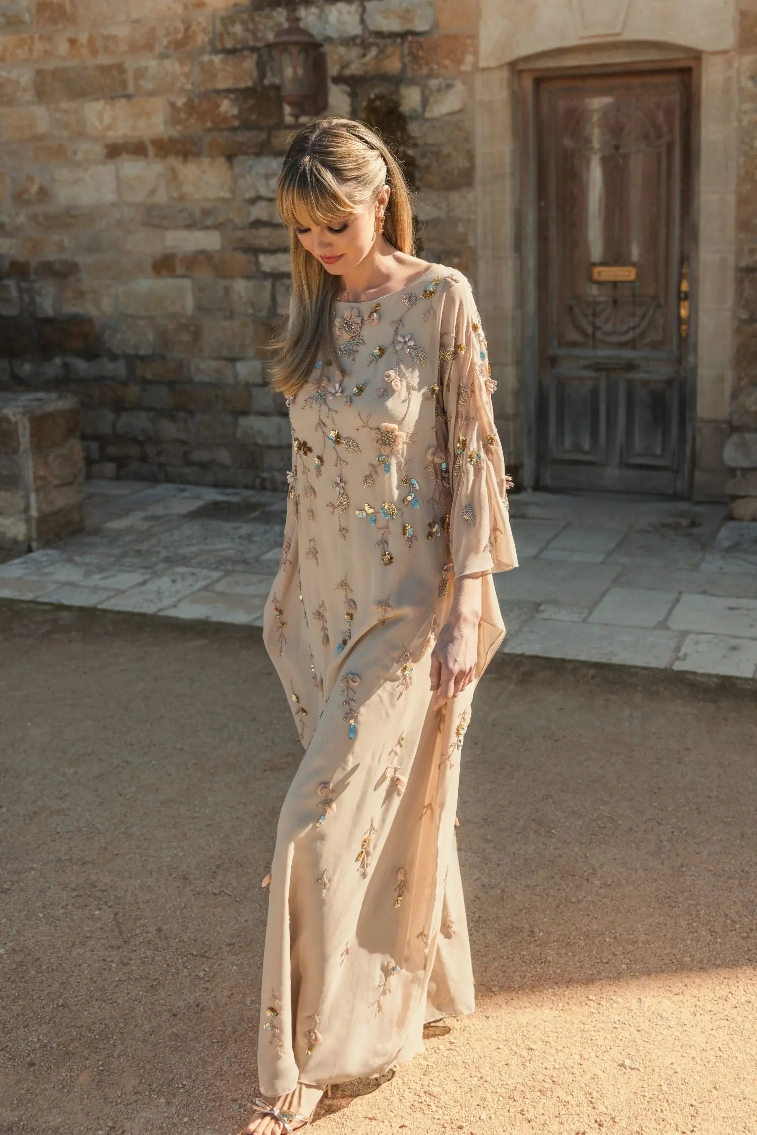 Mac Duggal Beige Floral Embellished Kaftan Gown - Nude Gold #9242