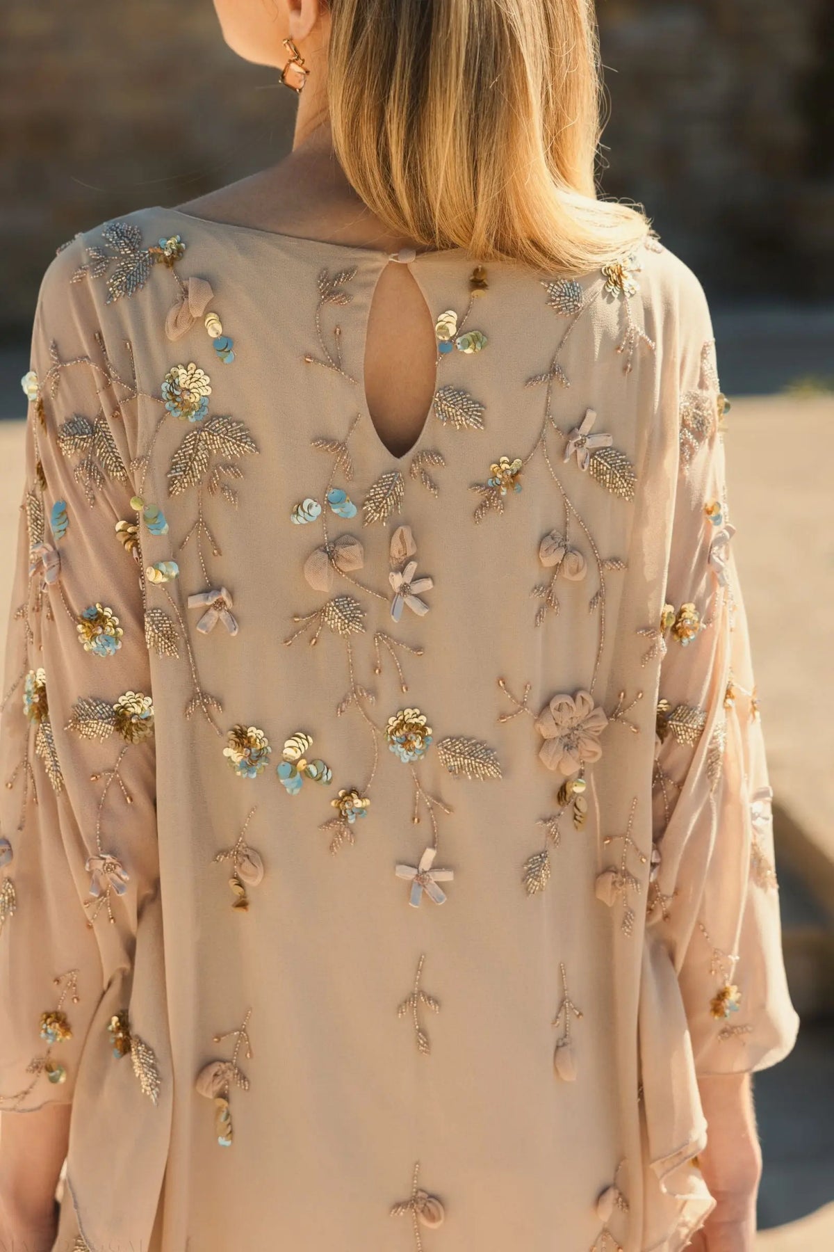 Mac Duggal Beige Floral Embellished Kaftan Gown #9242 Nude Gold #9242