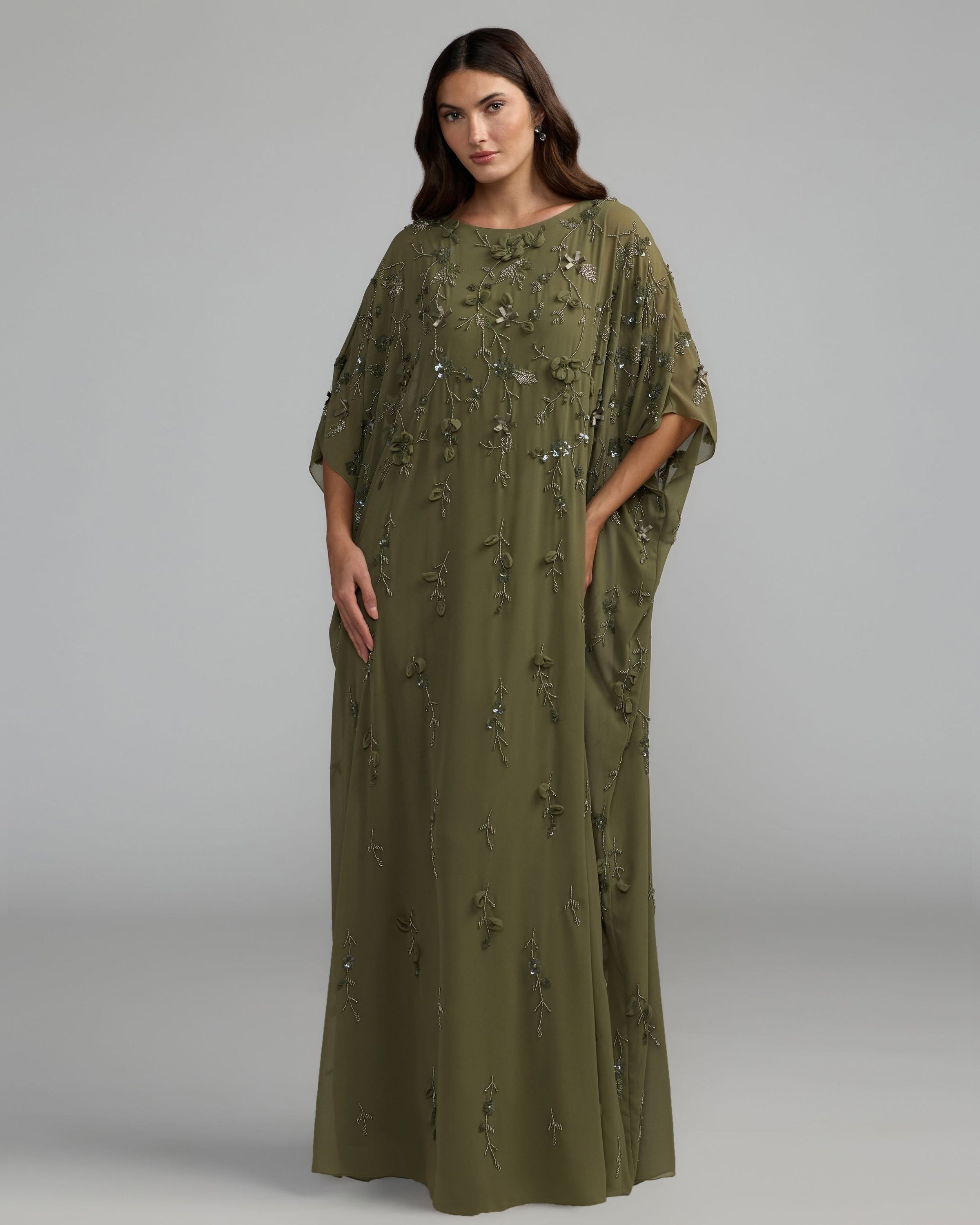 Mac Duggal #9242 olive green floral embellished kaftan gown
