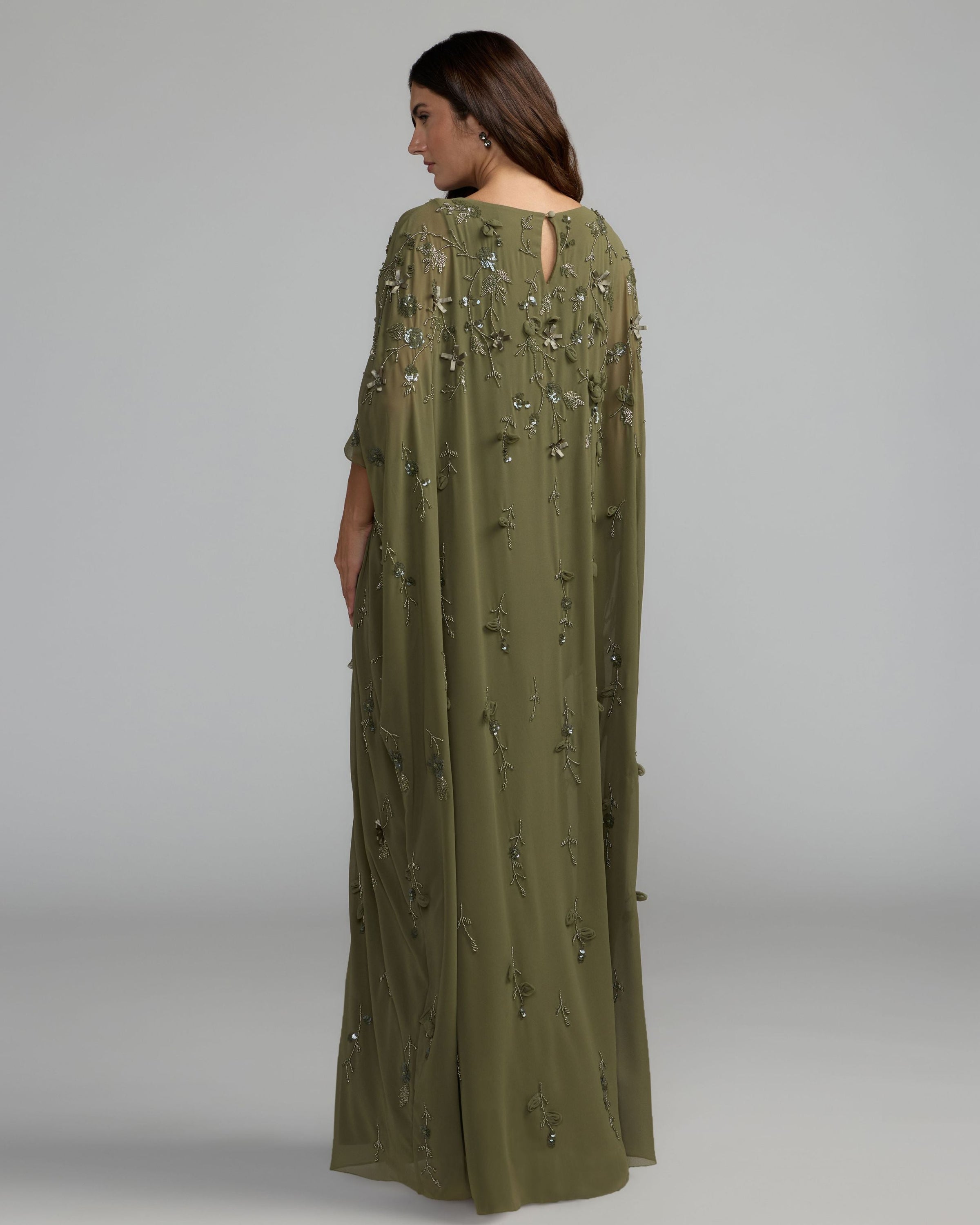Mac Duggal #9242 olive kaftan gown back view