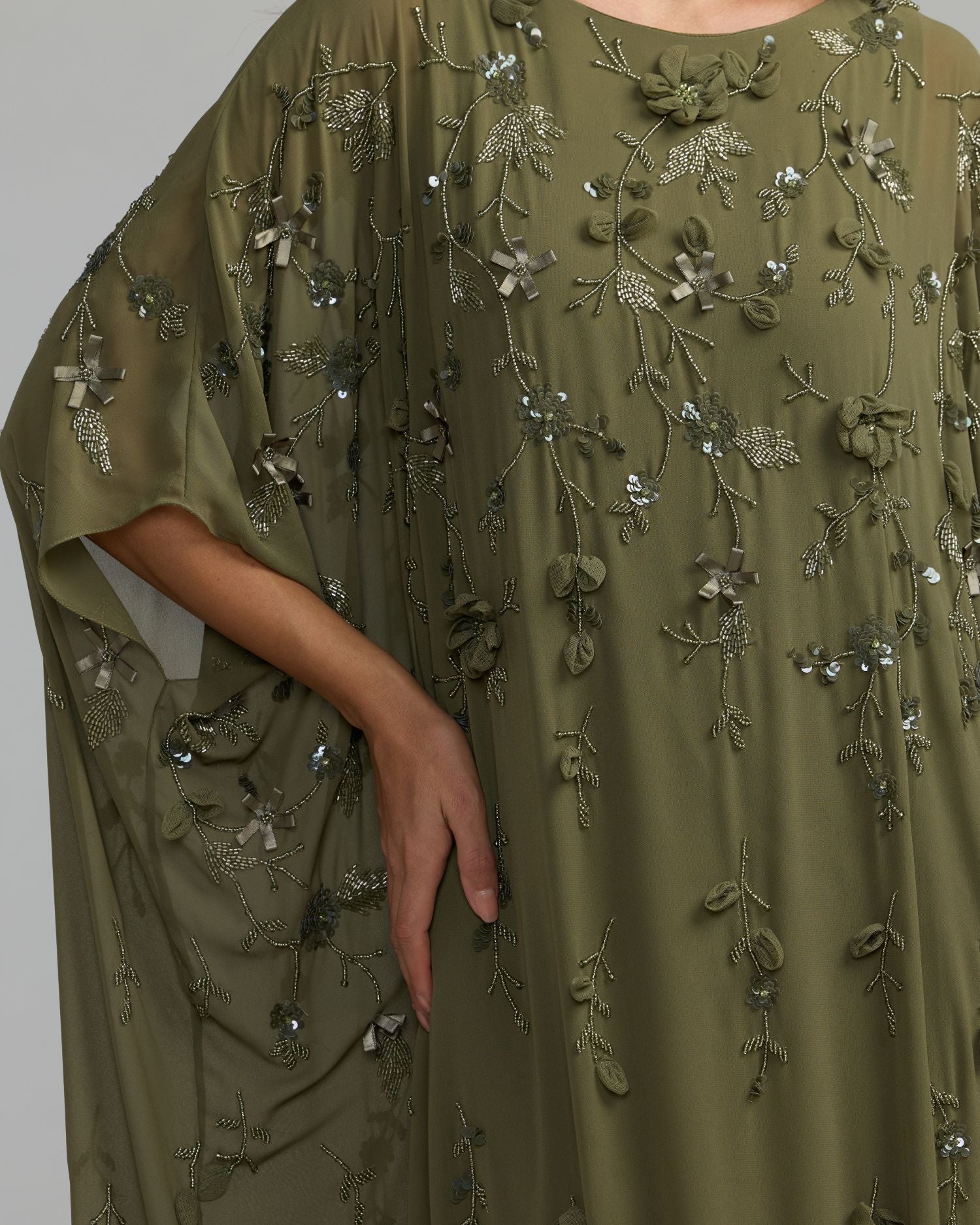 Mac Duggal #9242 olive kaftan gown detail