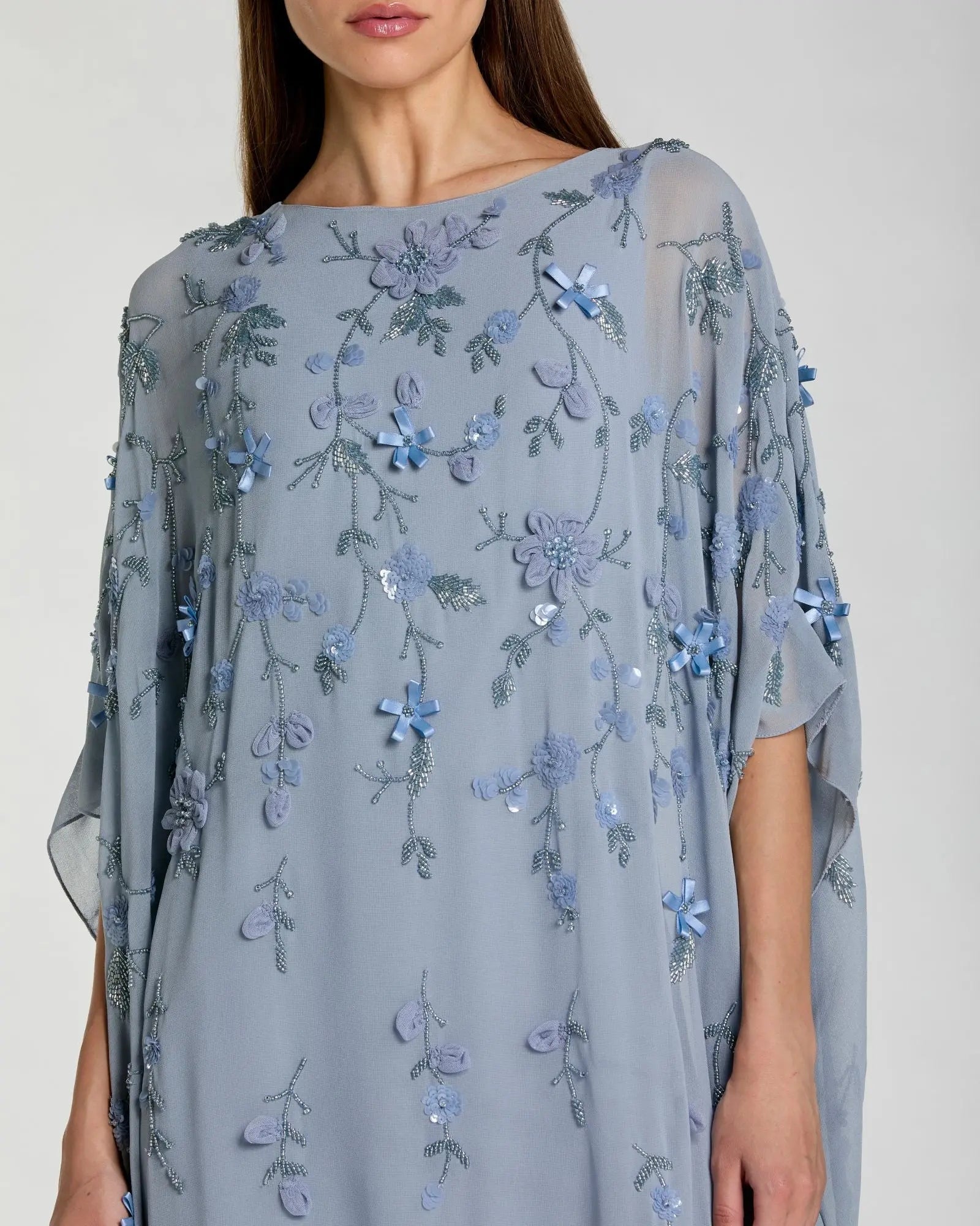 Mac Duggal #9242 powder blue floral embellished kaftan gown