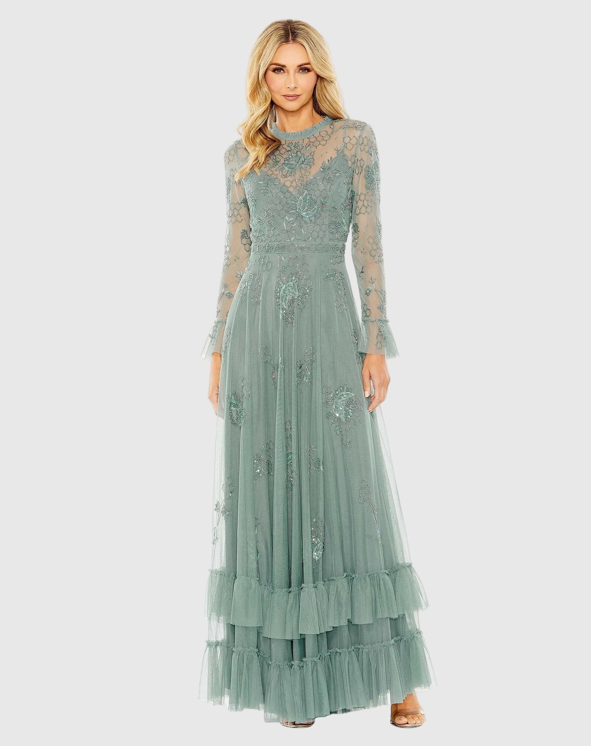 Mac Duggal 9249 Spruce embellished long sleeve ruffle gown - front