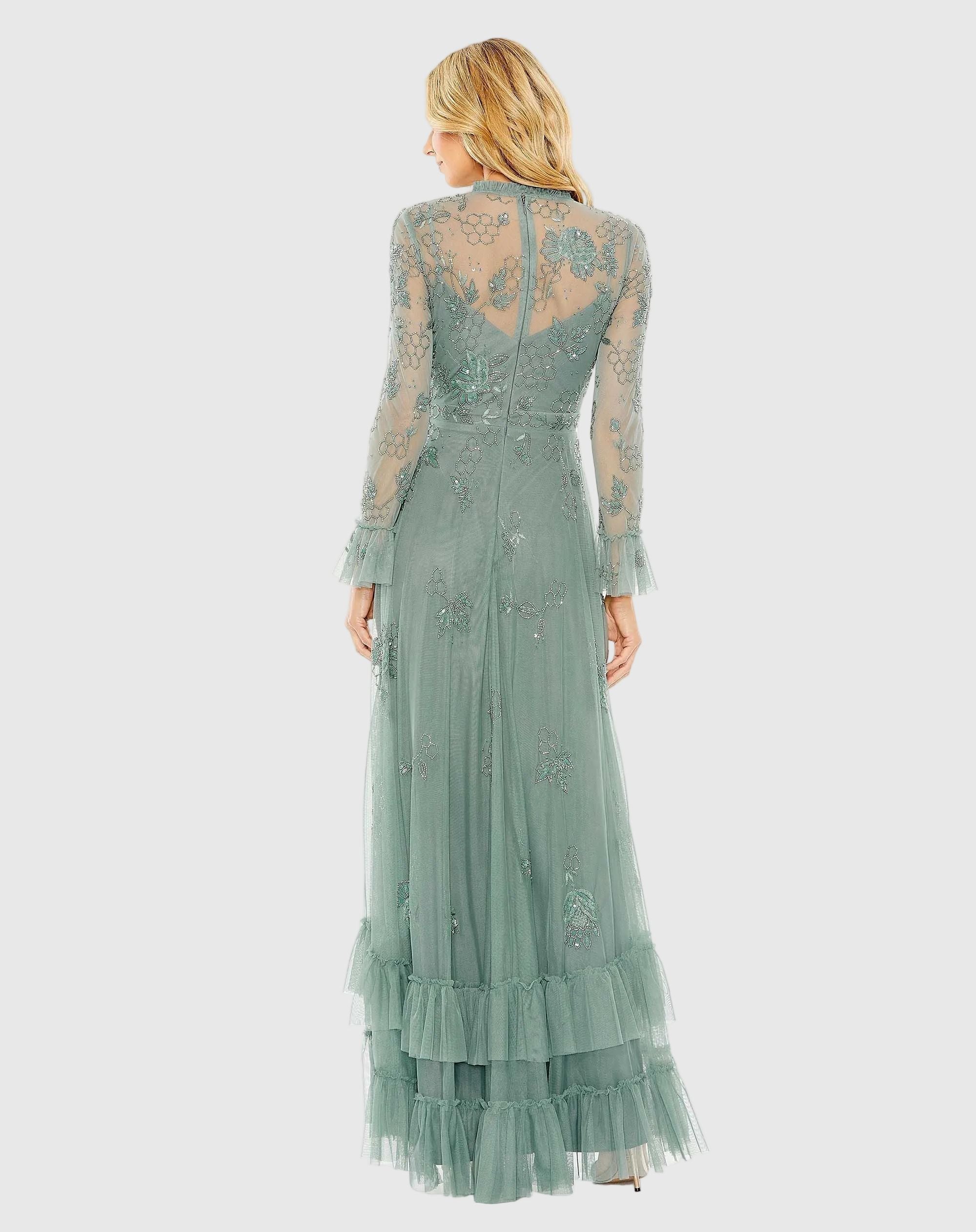 Mac Duggal 9249 Spruce embellished long sleeve ruffle gown - back