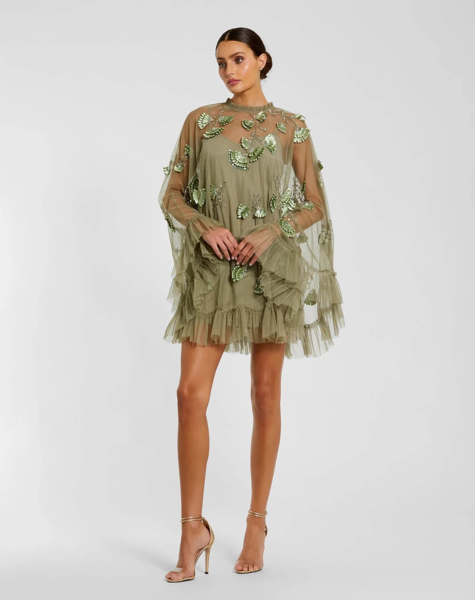 Sage Embellished Long Flare Sleeve Mesh A-Line Dress