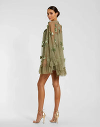 Sage Embellished Long Flare Sleeve Mesh A-Line Dress