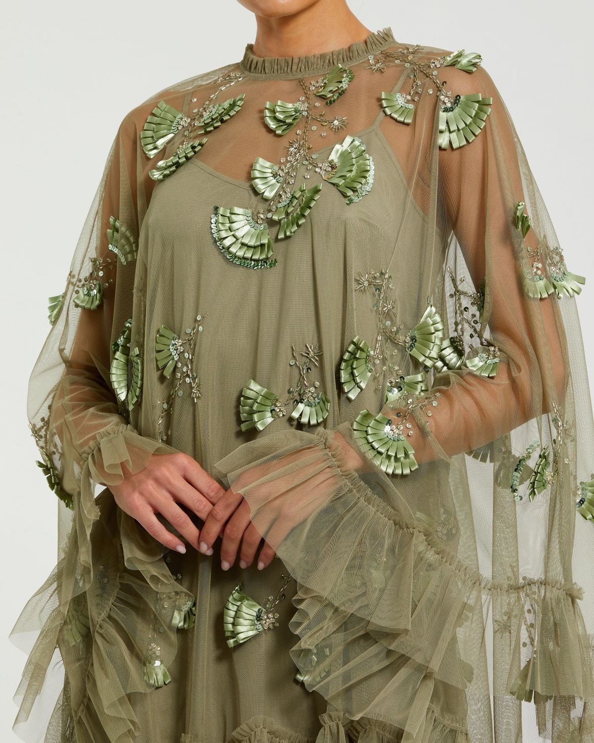 Sage Embellished Long Flare Sleeve Mesh A-Line Dress