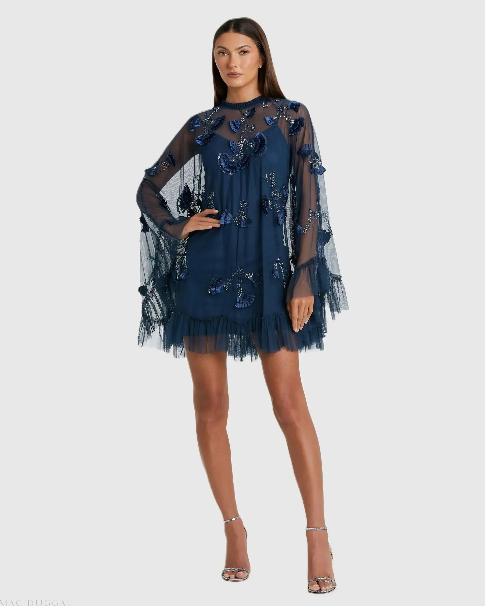 Mac Duggal #9257 Navy Embellished Long Sleeve Trapeze Dress Ruffle Hem
