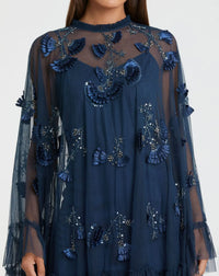 Mac Duggal #9257 Navy Embellished Long Sleeve Trapeze Dress Ruffle Hem close up